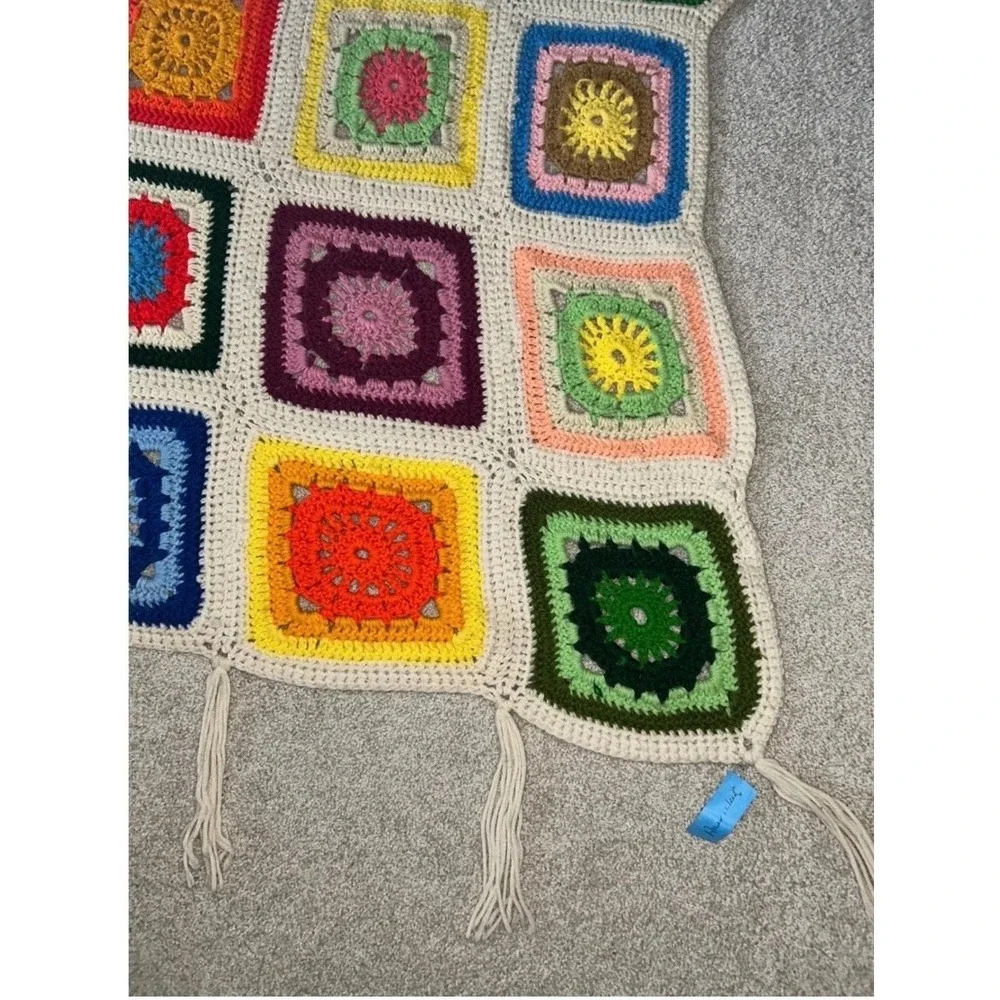 Vintage Handmade Crochet Granny Square Blanket Multi Color Boho Tassel Fringe